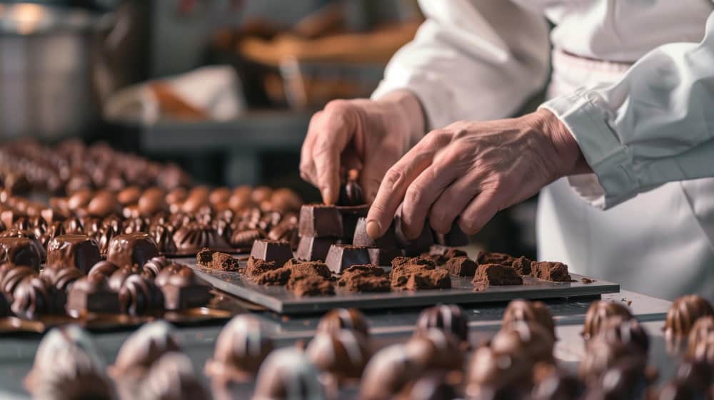 Gros plan sur les mains d'un artisan chocolatier façonnant des chocolats au cœur d'un atelier rempli de bonbons et de truffes.