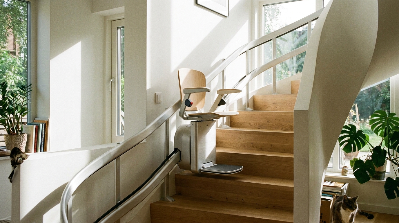 Monte-escalier moderne sur un escalier tournant, maison lumineuse