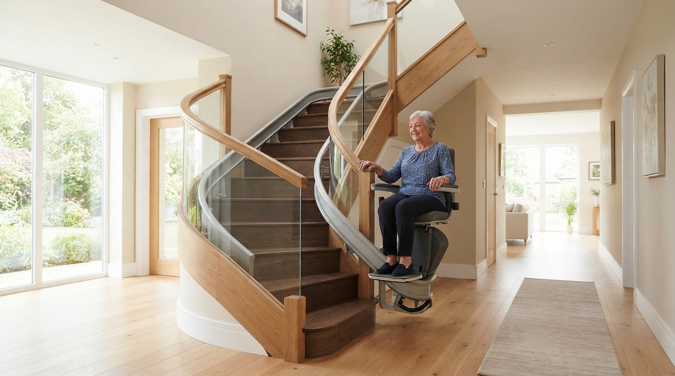 Monte-escalier moderne sur un escalier tournant, maison lumineuse